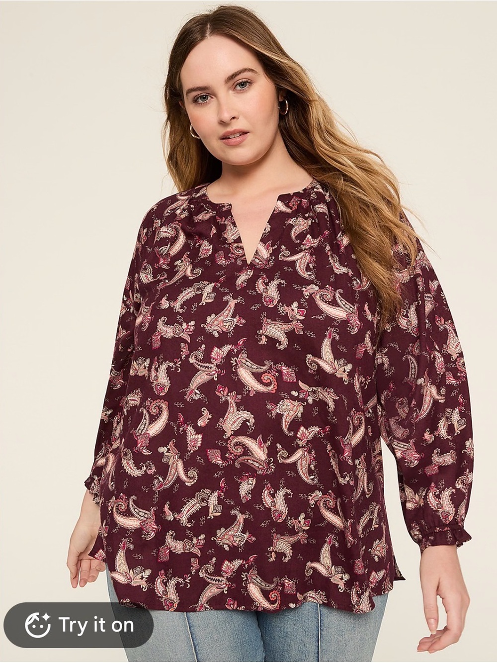 Lane Bryant Size 20 Burgundy Paisley V-Neck Popover Top NWOT